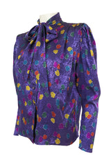 1980s Emanuel Ungaro Unusual Sleeve Purple Print Silk Top w Tie
