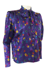 1980s Emanuel Ungaro Unusual Sleeve Purple Print Silk Top w Tie