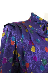 1980s Emanuel Ungaro Unusual Sleeve Purple Print Silk Top w Tie