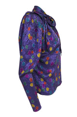 1980s Emanuel Ungaro Unusual Sleeve Purple Print Silk Top w Tie