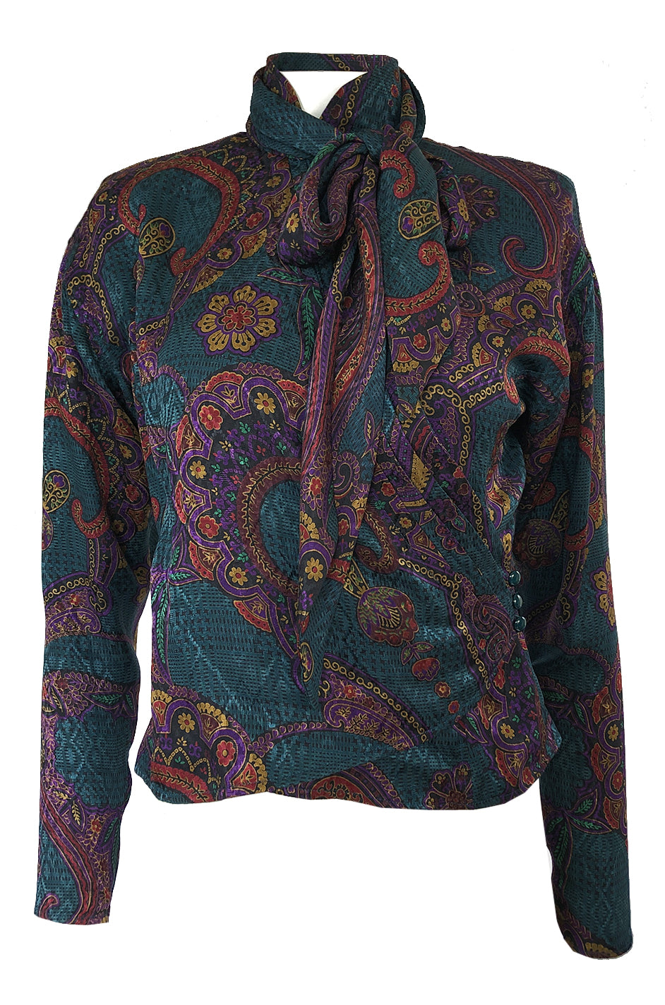 1980s Emanuel Ungaro Unusual Sleeve Purple Print Silk Top w Tie