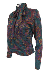1980s Emanuel Ungaro Printed Silk Wrap Top w Matching Tie