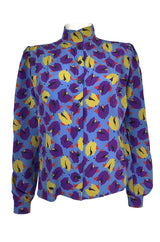 1980s Emanual Ungaro Bright Purple & Blue Printed Silk Top