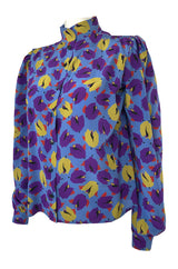 1980s Emanual Ungaro Bright Purple & Blue Printed Silk Top