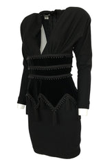 1980s Isabel Allard Paris Plunge Dress w Velvet and Huge Tassel Detail