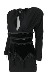 1980s Isabel Allard Paris Plunge Dress w Velvet and Huge Tassel Detail