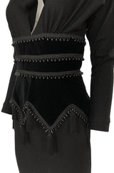 1980s Isabel Allard Paris Plunge Dress w Velvet and Huge Tassel Detail