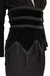 1980s Isabel Allard Paris Plunge Dress w Velvet and Huge Tassel Detail