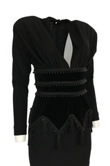 1980s Isabel Allard Paris Plunge Dress w Velvet and Huge Tassel Detail