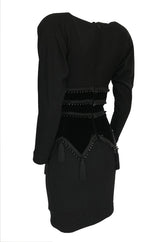 1980s Isabel Allard Paris Plunge Dress w Velvet and Huge Tassel Detail