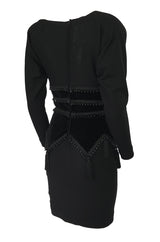 1980s Isabel Allard Paris Plunge Dress w Velvet and Huge Tassel Detail
