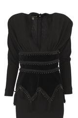 1980s Isabel Allard Paris Plunge Dress w Velvet and Huge Tassel Detail