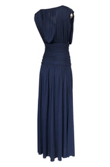 Resort 1986 Yves Saint Laurent Deep Plunge Front Blue Draped Silk Jersey Dress