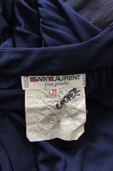Resort 1986 Yves Saint Laurent Deep Plunge Front Blue Draped Silk Jersey Dress