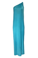 1970s Halston Vivid Turquoise Color One Shoulder Jersey Dress