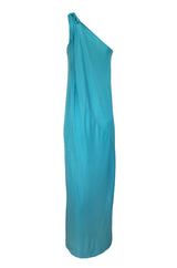 1970s Halston Vivid Turquoise Color One Shoulder Jersey Dress