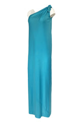 1970s Halston Vivid Turquoise Color One Shoulder Jersey Dress