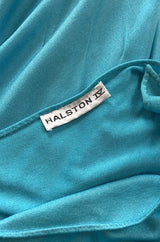 1970s Halston Vivid Turquoise Color One Shoulder Jersey Dress