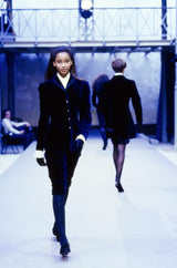 Rare Fall 1989 Azzedine Alaia Blue Velvet Runway Jacket w Black Trim