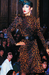 Iconic Fall 1982 Ady Couture Lausanne for Yves Saint Laurent Silk Leopard Print Dress w Draped Panel