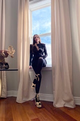 2010s Balmain Black Jersey Dress w Strong Shoulders, Front Knot & Keyhole