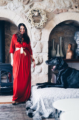 Documented 1980 Bill Tice Plunging Front Red Jersey & Gold Belt Dress