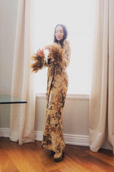 c.1976 Bill Blass Couture Metallic Gold Lurex Knit Dress w Feather Cuffs