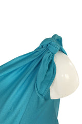 1970s Halston Vivid Turquoise Color One Shoulder Jersey Dress