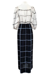 1970s Pauline Trigere Contrasting Black & White Silk Rope Print On or Off Shoulder Dress
