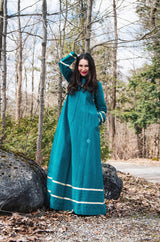 1960s Josefa Hand Embroidered Ribbon Detailed Teal Caftan Dress w Belt