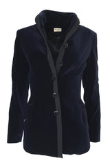 Rare Fall 1989 Azzedine Alaia Blue Velvet Runway Jacket w Black Trim