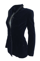 Rare Fall 1989 Azzedine Alaia Blue Velvet Runway Jacket w Black Trim