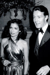 Important 1977 Halston Couture Navy Multi-Way Silk Jersey Plunge Dress w Extra Long Ties