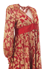 1960s Christian Dior By Marc Bohan Red & Gold Lamé Metallic Dress