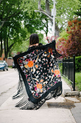 Extraordinary 1920s Embroidered Silk Fringe Piano Shawl