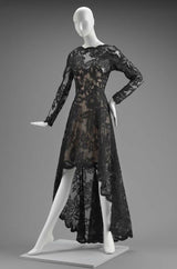 1986 Arnold Scaasi Couture Deep Red Lace Dress w Rhinestone Detailing & Trained Back Skirt