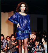 Fall 1985 Yves Saint Laurent Densely Covered Blue Sequin Top w Beaded Ribbing