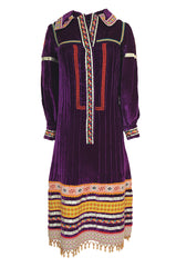 1968 Giorgio Sant'Angelo Purple Applique Velvet Dress w Wood Bead Fringe