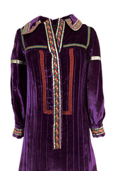 1968 Giorgio Sant'Angelo Purple Applique Velvet Dress w Wood Bead Fringe