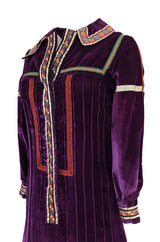 1968 Giorgio Sant'Angelo Purple Applique Velvet Dress w Wood Bead Fringe