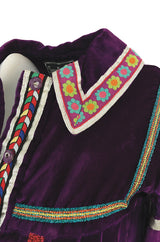 1968 Giorgio Sant'Angelo Purple Applique Velvet Dress w Wood Bead Fringe