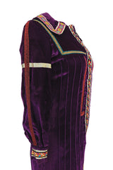 1968 Giorgio Sant'Angelo Purple Applique Velvet Dress w Wood Bead Fringe
