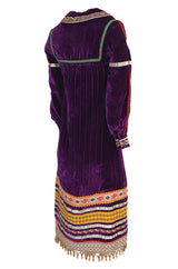 1968 Giorgio Sant'Angelo Purple Applique Velvet Dress w Wood Bead Fringe