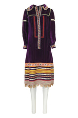 1968 Giorgio Sant'Angelo Purple Applique Velvet Dress w Wood Bead Fringe