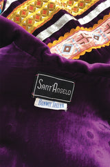 1968 Giorgio Sant'Angelo Purple Applique Velvet Dress w Wood Bead Fringe