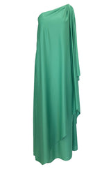 1978 Halston Green One Shoulder Draped Jersey Maxi Dress