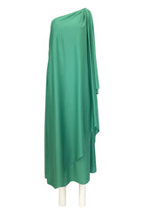 1978 Halston Green One Shoulder Draped Jersey Maxi Dress