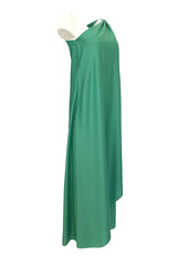 1978 Halston Green One Shoulder Draped Jersey Maxi Dress