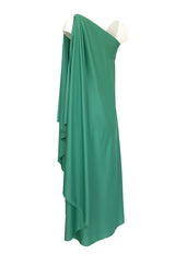 1978 Halston Green One Shoulder Draped Jersey Maxi Dress