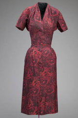 Mid 1950s Christian Dior London Demi-Couture Raspberry Printed Silk Coat & Dress Set